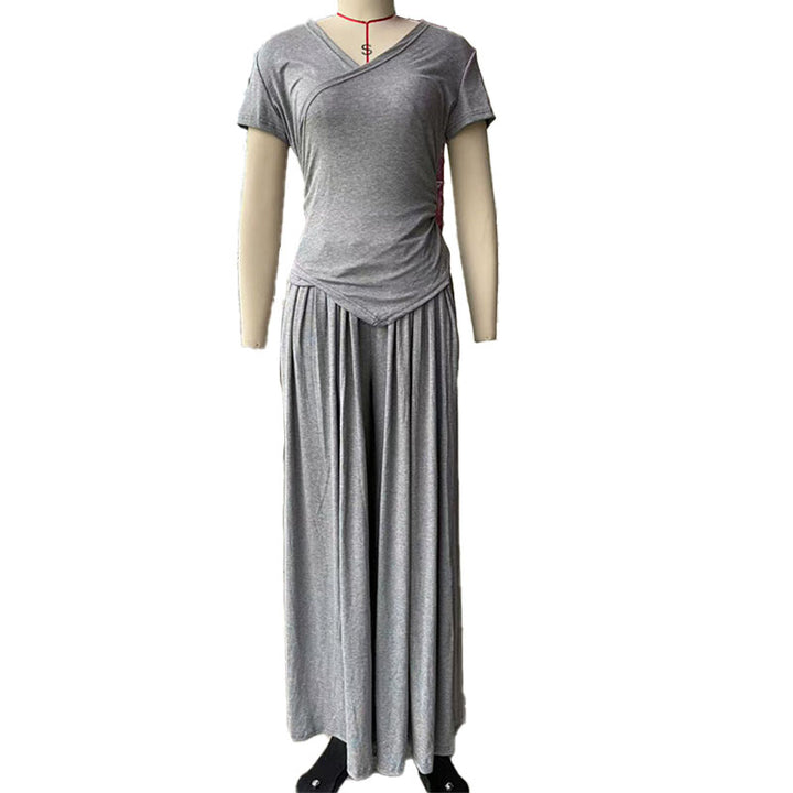 Cross-neck top and wide-leg pants suit