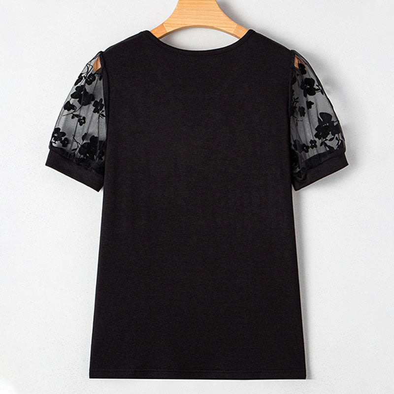 Sheer Floral Mesh-Sleeve V-Neck Casual Top