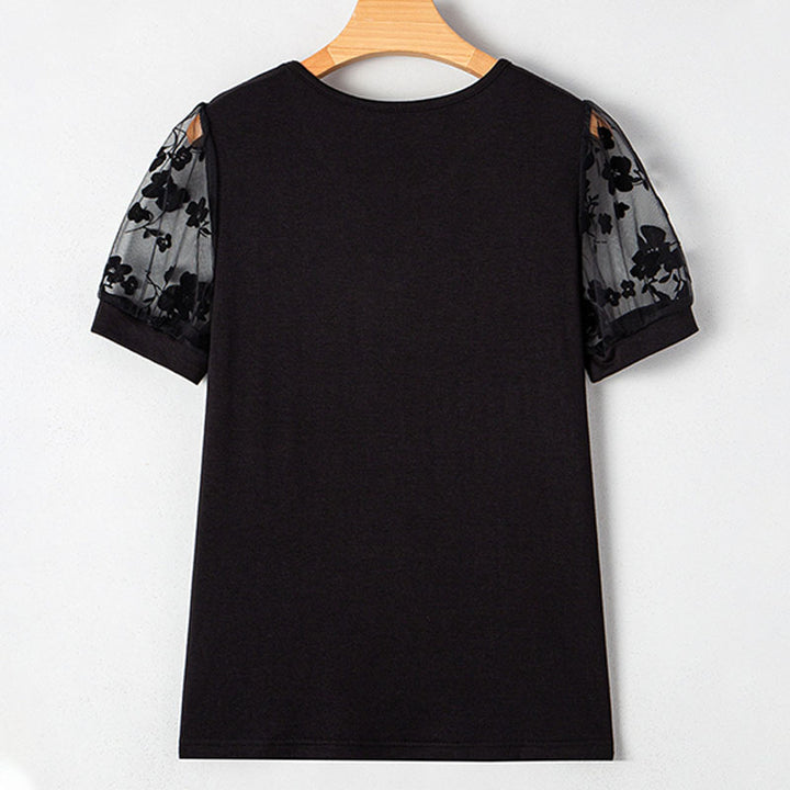 Sheer Floral Mesh-Sleeve V-Neck Casual Top