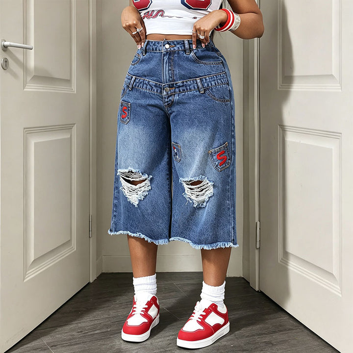Distressed raw-hem wide-leg cropped jeans