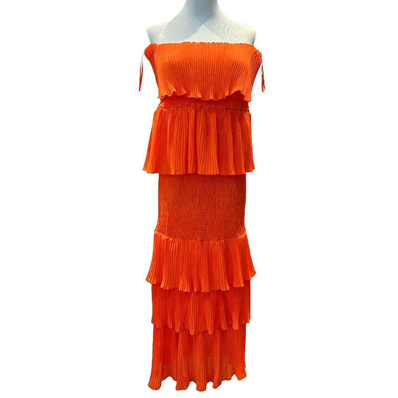 Strapless tiered ruffle fishtail maxi skirt