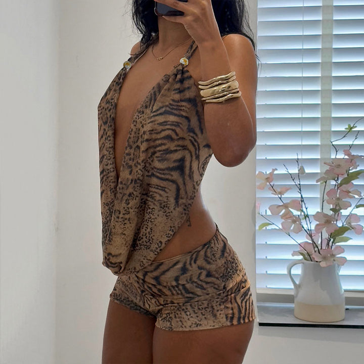 Deep V-neck leopard print halter top and shorts set
