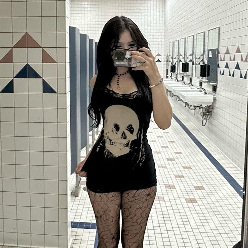 Skull print lace-trimmed slip dress