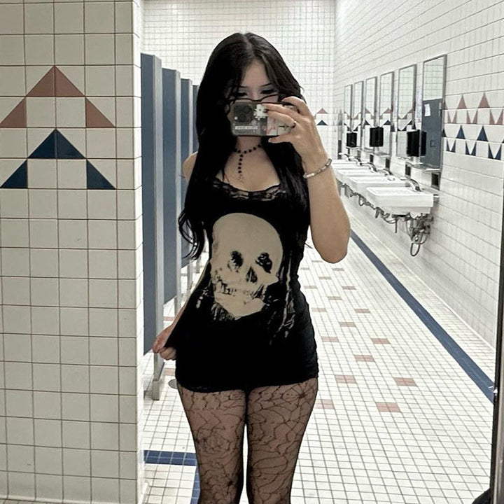 Skull print lace-trimmed slip dress