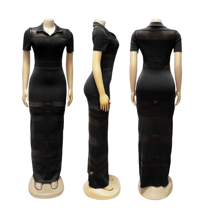 Striped Mesh Cutout Slim-Fit Maxi Dress