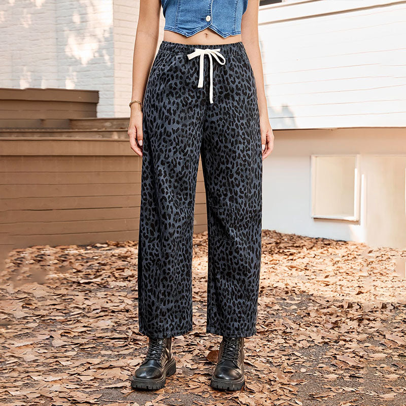 Casual leopard print elastic waist loose straight leg pants