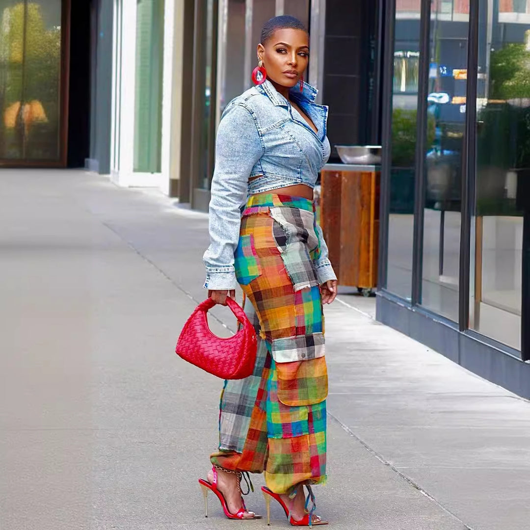 Colorful Plaid Patchwork Cargo Pants With Tie‑Up Hem