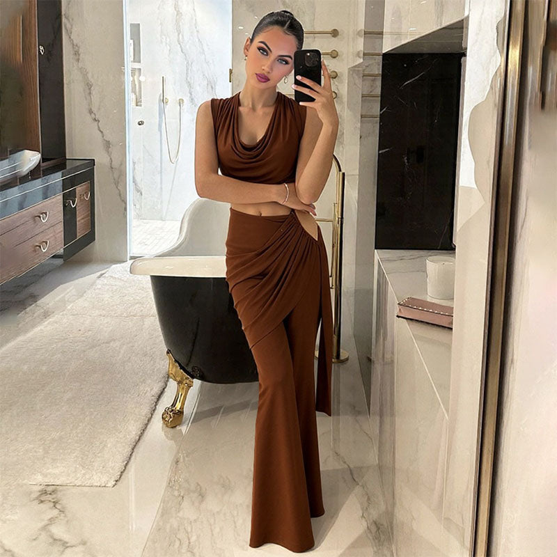 Stacked collar cropped top and draped flared pants suit