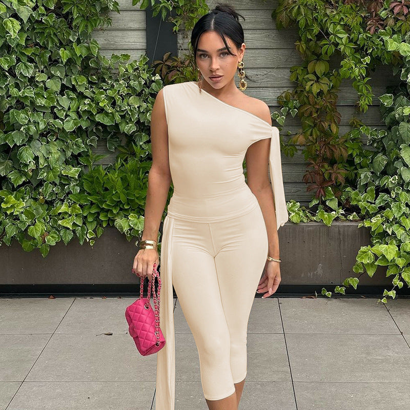 One-shoulder tie-strap top and cropped trousers set