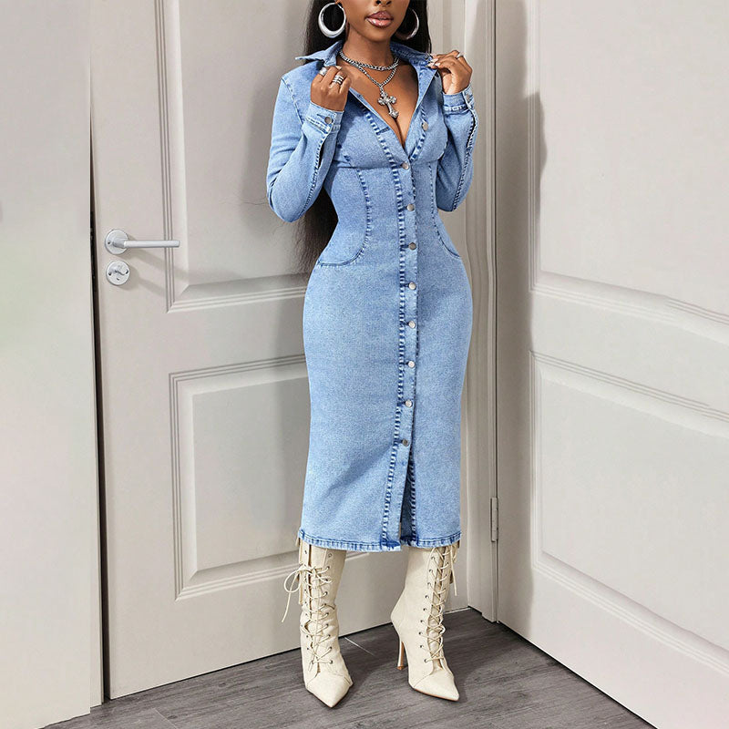 Button-front slim-fit denim dress