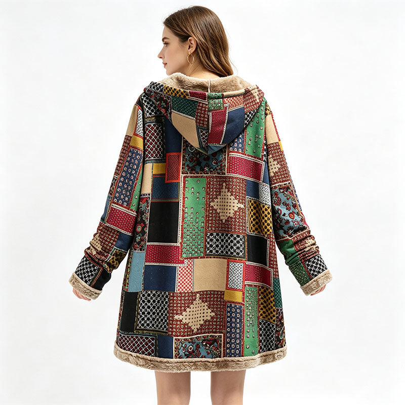 Retro patchwork plush hooded jacket