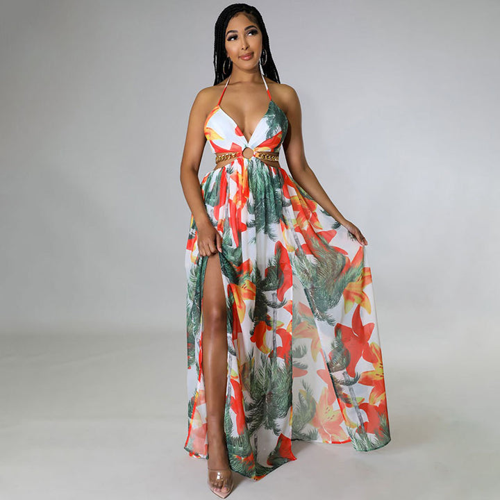 Deep V-neck backless high slit tropical print dress