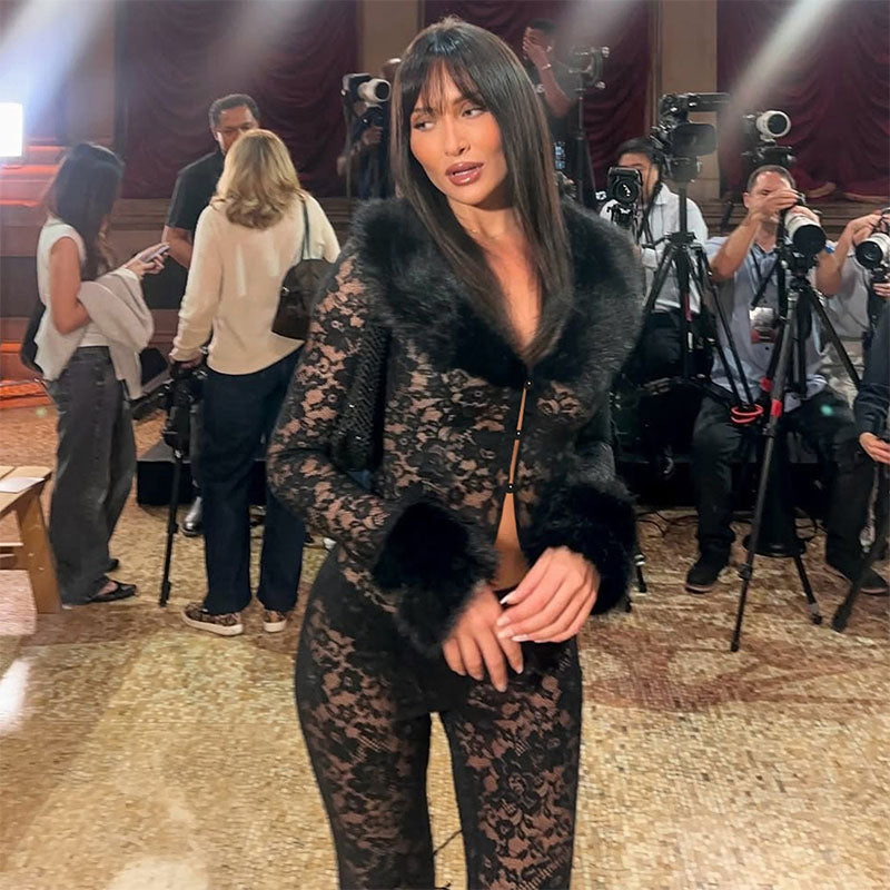 Mesh lace fur collar two-piece set