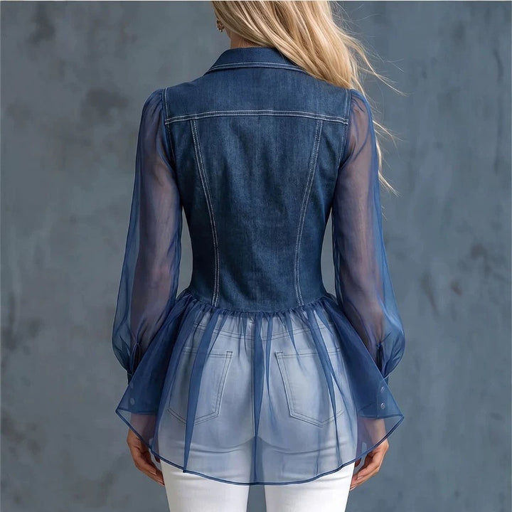 Mesh-paneled ruffled denim shirt