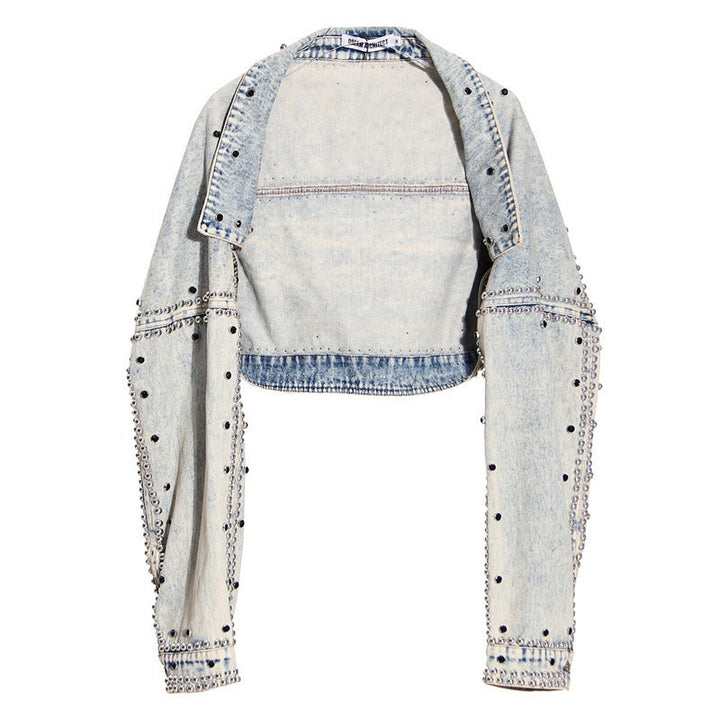 Retro washed studded short denim jacket