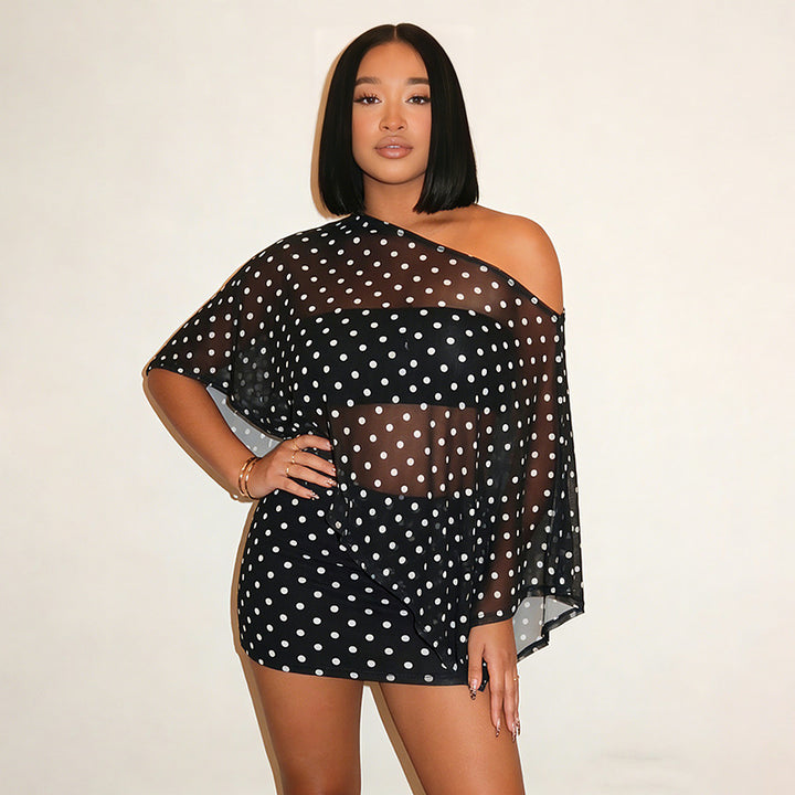 Printed Mesh Off  Shoulder Top Skirt Set