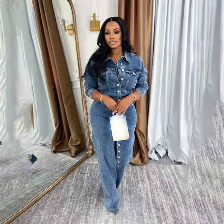 Long-sleeve button-front top and slim-fit jeans set