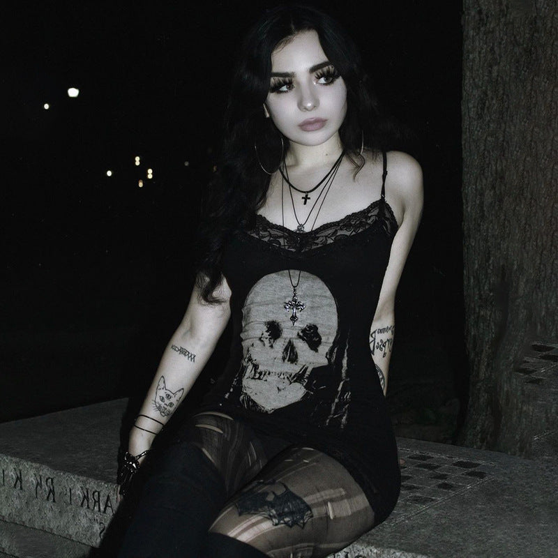 Skull print lace-trimmed slip dress