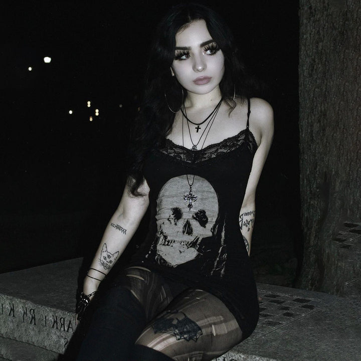 Skull print lace-trimmed slip dress