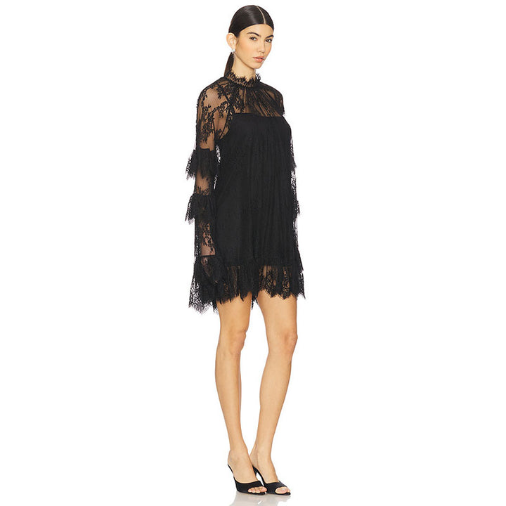 Sheer lace ruffle smock dress
