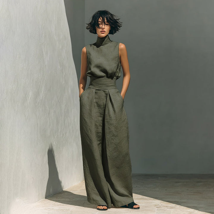 Sleeveless high-neck top and high-waisted pleated wide-leg trousers set