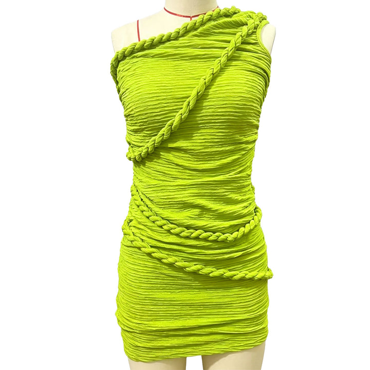One-shoulder rope-embellished fitted dress