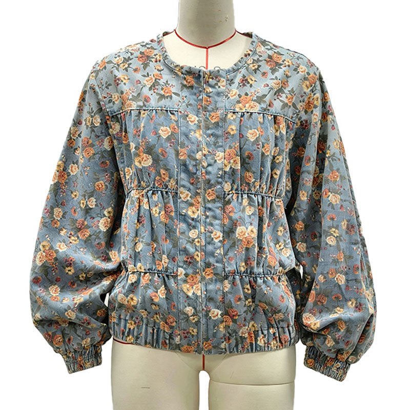 Retro floral print zip-up short denim jacket