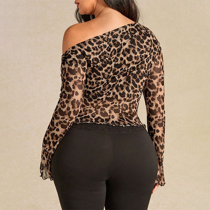 Plus-size leopard print one-shoulder drawstring top
