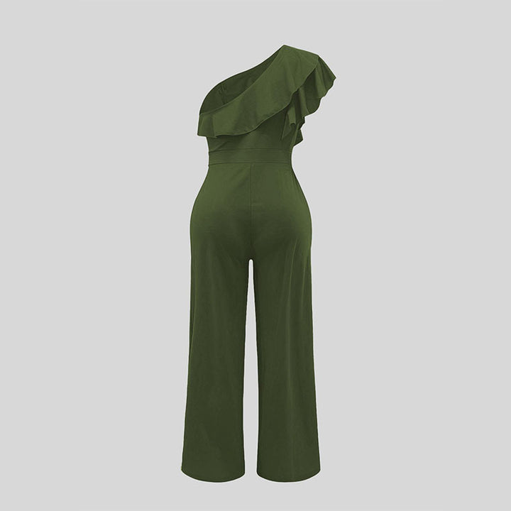 One-shoulder ruffled high-waisted wide-leg jumpsuit