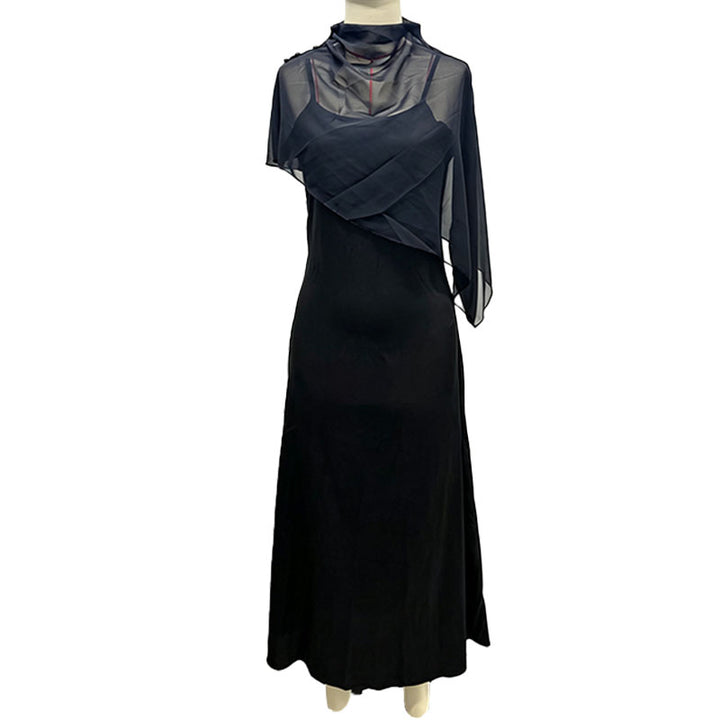 High-neck asymmetrical shawl and camisole dress set