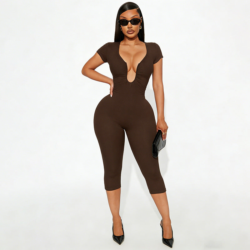 U-neck short-sleeve fitted jumpsuit