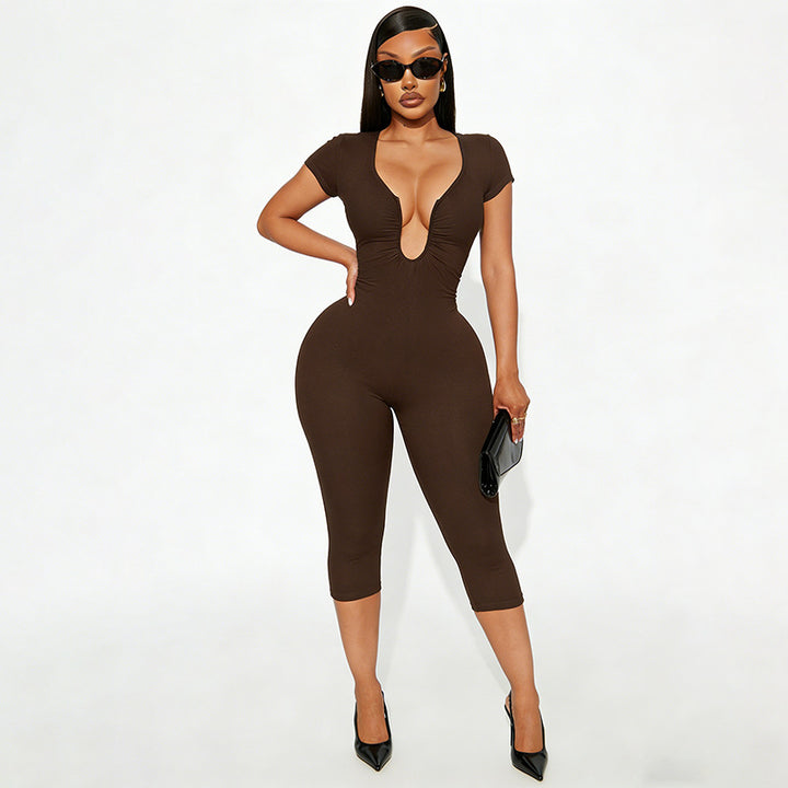 U-neck short-sleeve fitted jumpsuit