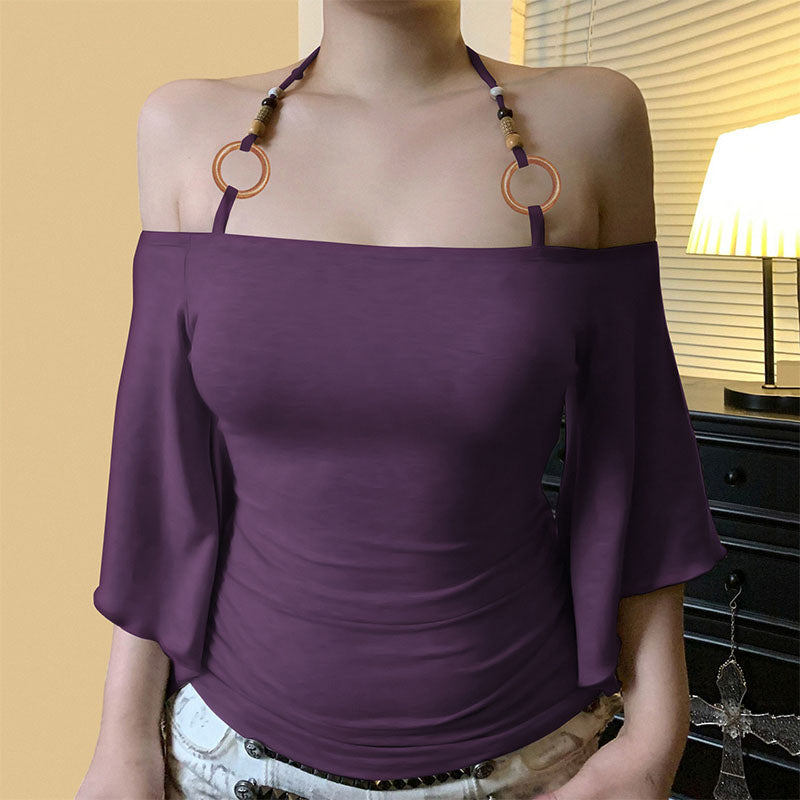 Off-shoulder fitted bell sleeve top