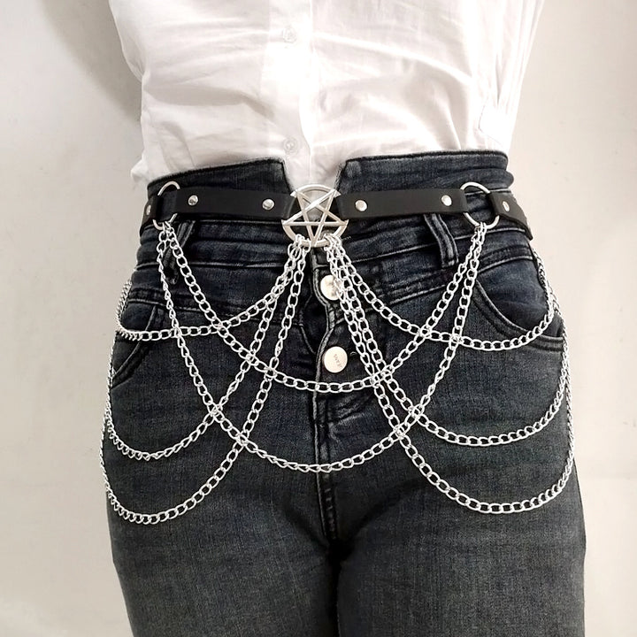 Rock-style multi-layered chain five-pointed star belt
