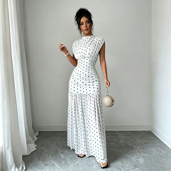 Polka-dot pleated waist-cinching dress