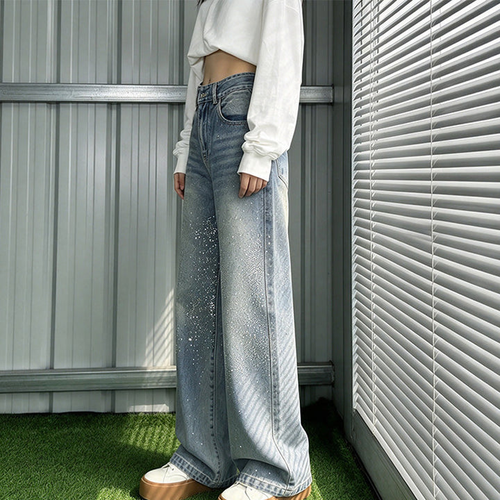 Double Hotfix rhinestones-sided high-waisted jeans