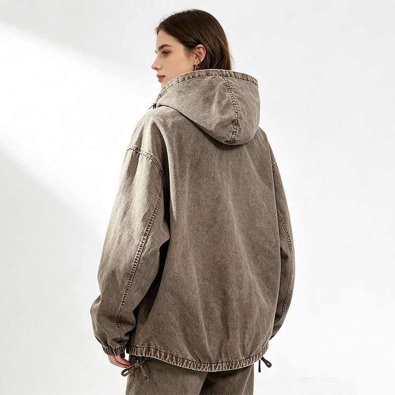 Retro washed hooded loose top