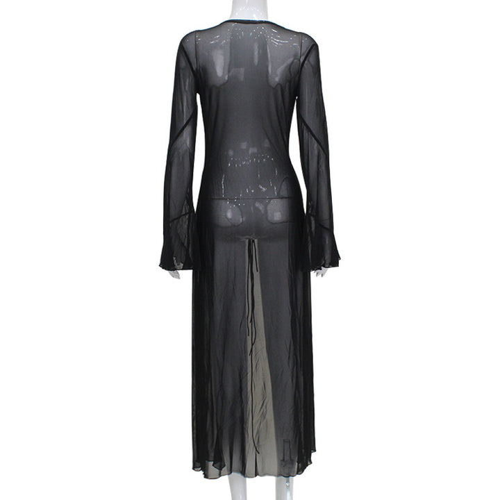 Long sheer ruffled cardigan-style dress