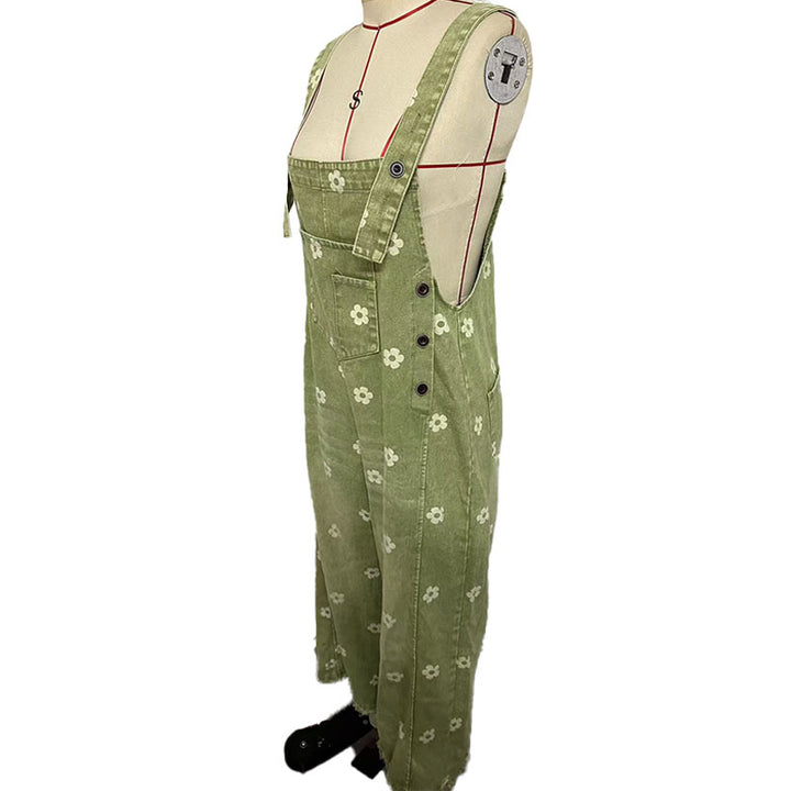 Floral denim wide-leg overalls