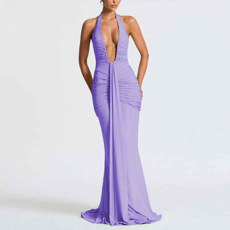 Deep V-neck pleated slim-fit fishtail dress