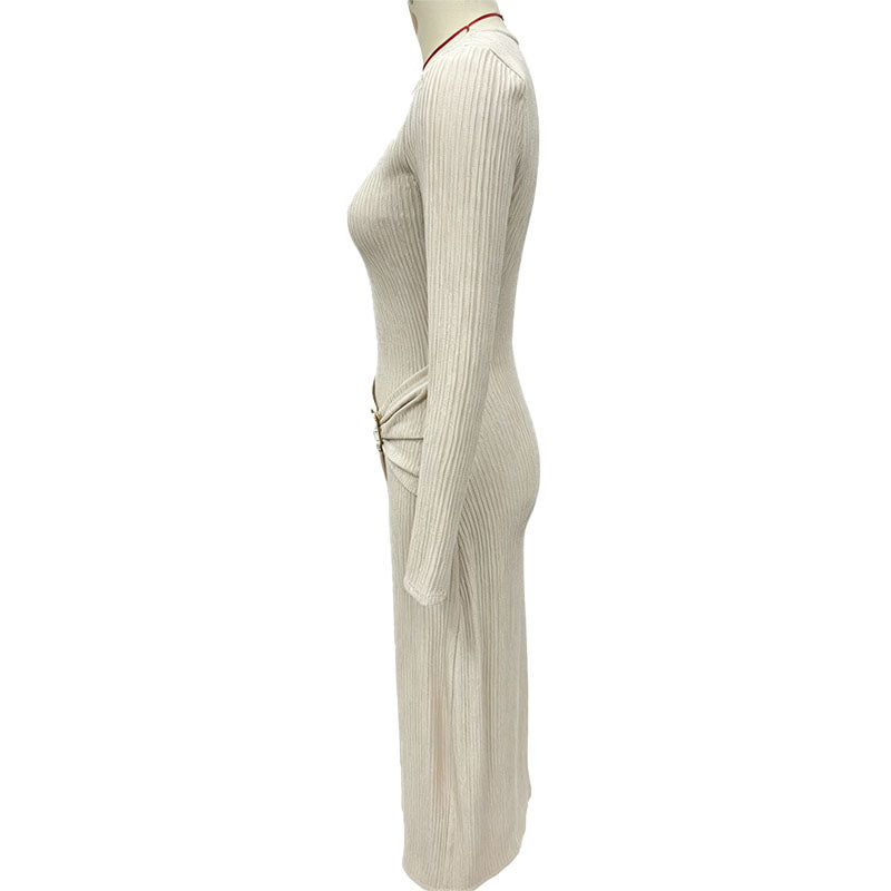 Long-sleeved irregular neckline slit dress