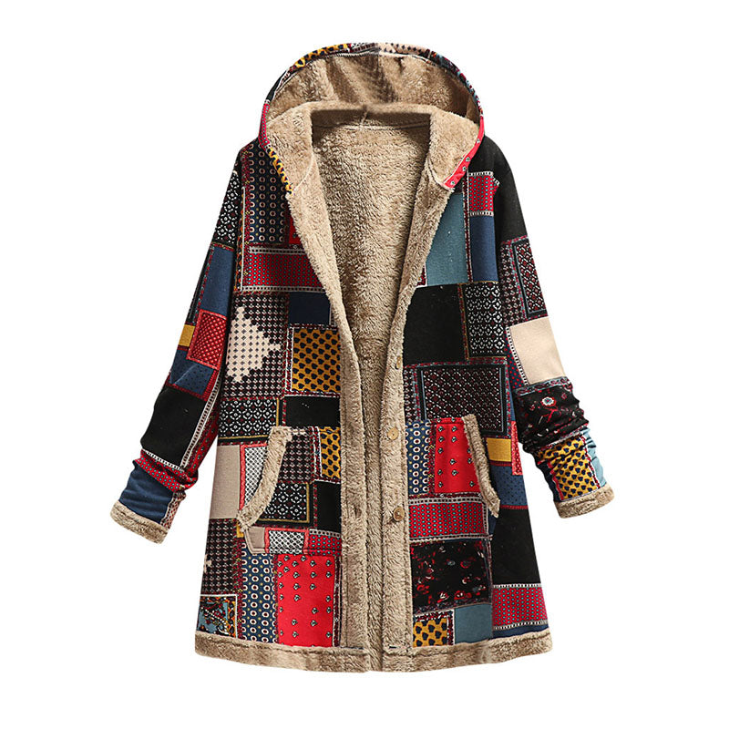 Retro patchwork plush hooded jacket