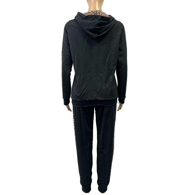 Leopard-print casual zip-up hoodie and pants tracksuit