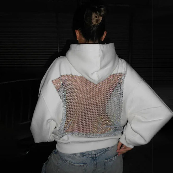 Openwork rhinestone-studded mesh loose hooded top