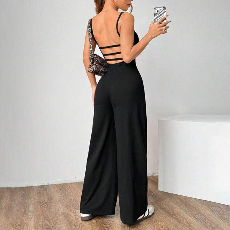 Spaghetti-strap open-back wide-leg jumpsuit