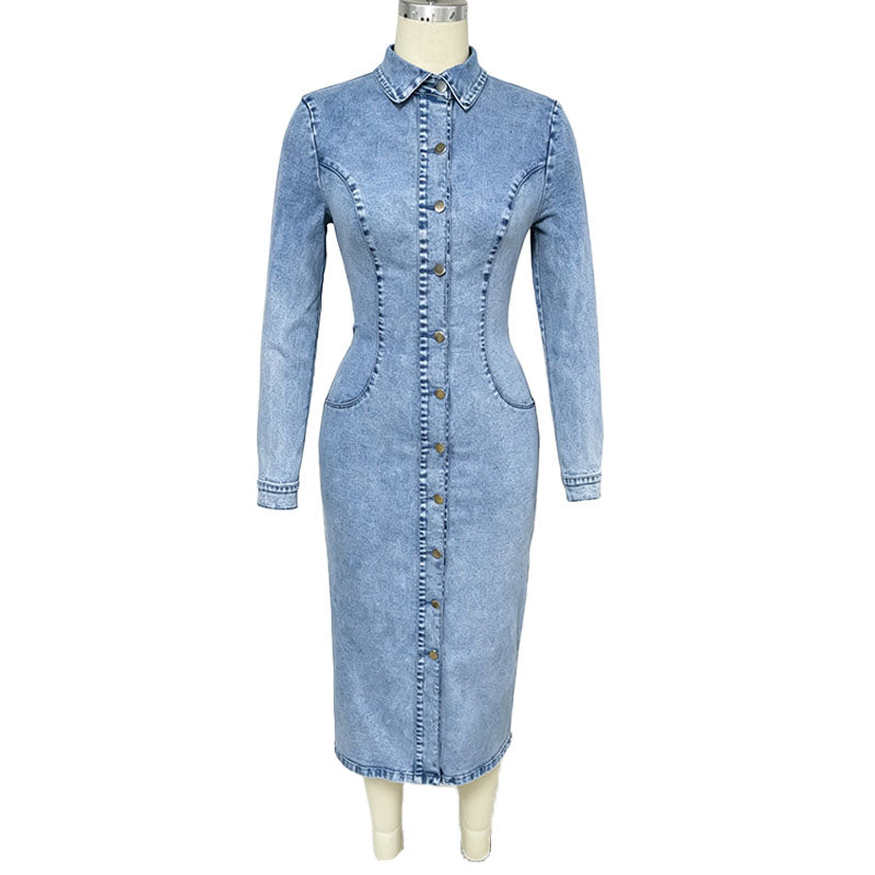 Button-front slim-fit denim dress