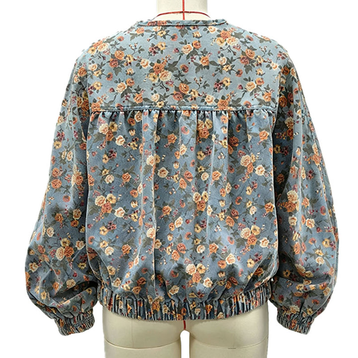 Retro floral print zip-up short denim jacket