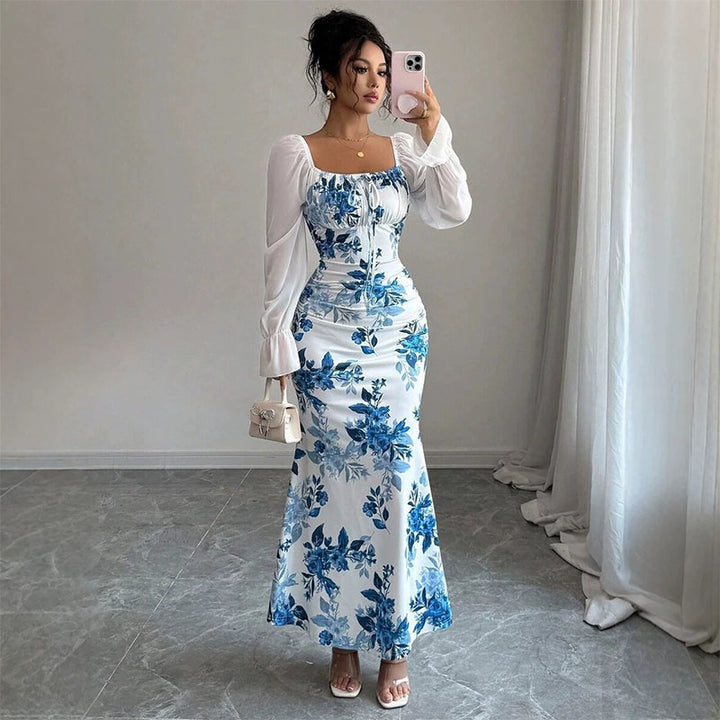 Ruched floral fishtail dress