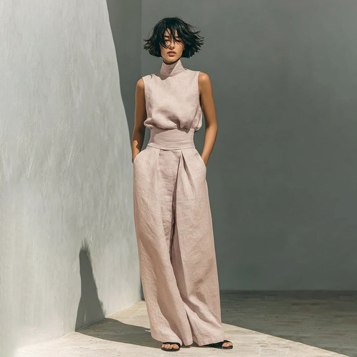 Sleeveless high-neck top and high-waisted pleated wide-leg trousers set