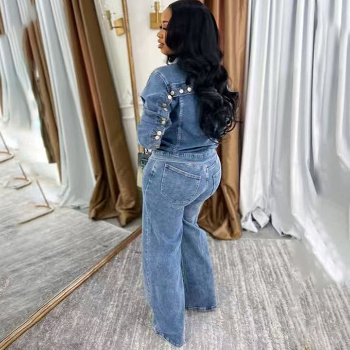 Long-sleeve button-front top and slim-fit jeans set